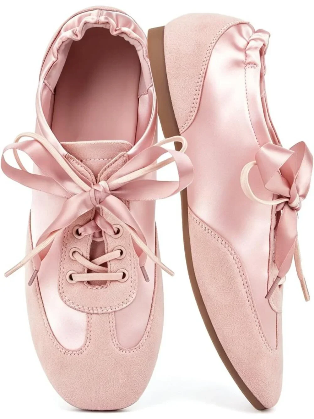 Women's Pink Satin Lace Up Lightweight Slim Comfort Ballerina Flat Sneakers